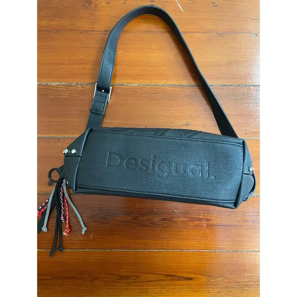 Desigual Black Embossed Mandala Chain Crossbody Shoulder Bag Tassel Boho